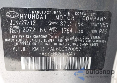 2013 Hyundai Elantra Gls z USA, uszkodzony, nr VIN KMHDH4AE6DU920057
